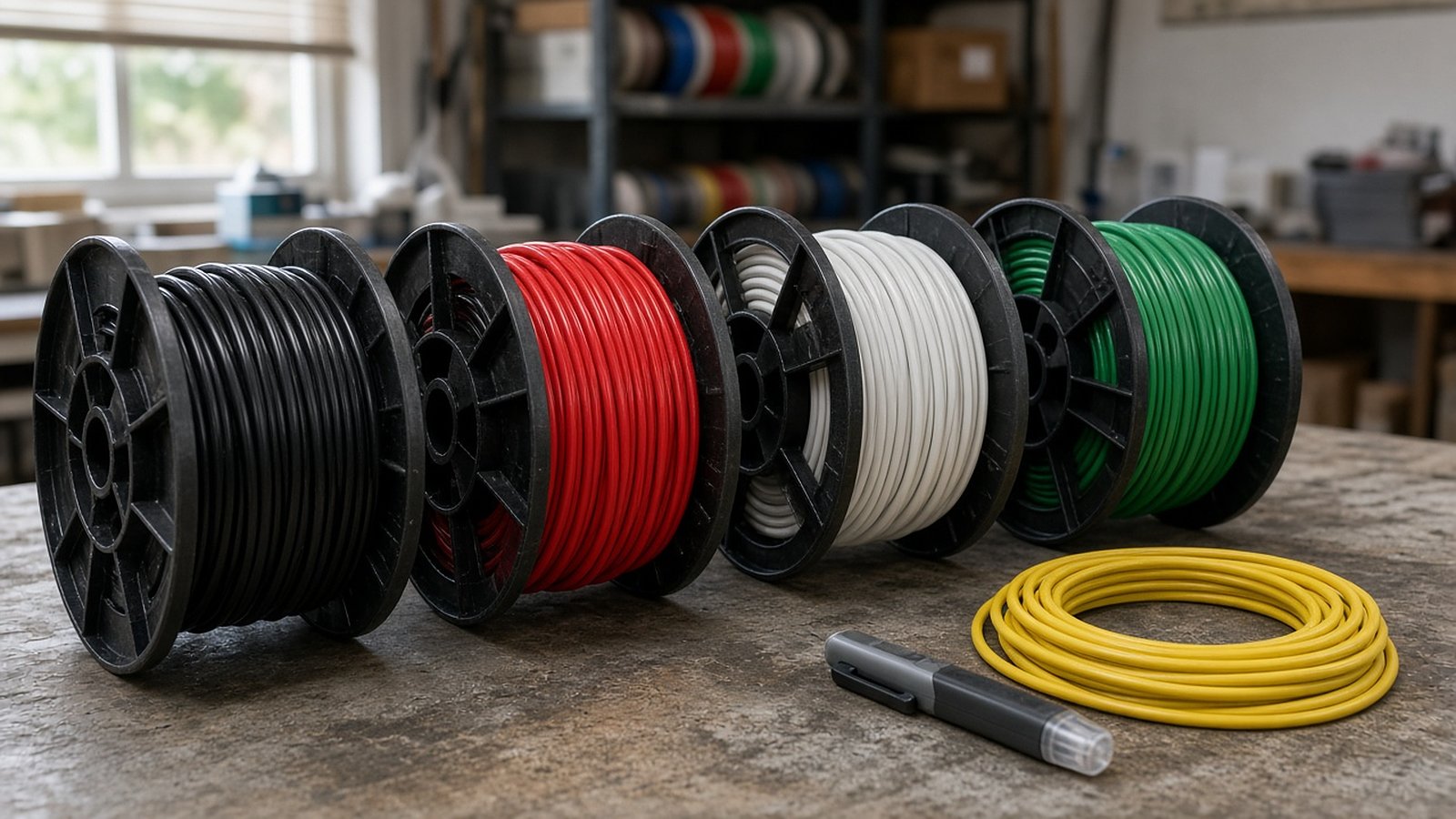 Spools of black, red, white and green wire with a yellow cable coil and a voltage tester on a workshop bench