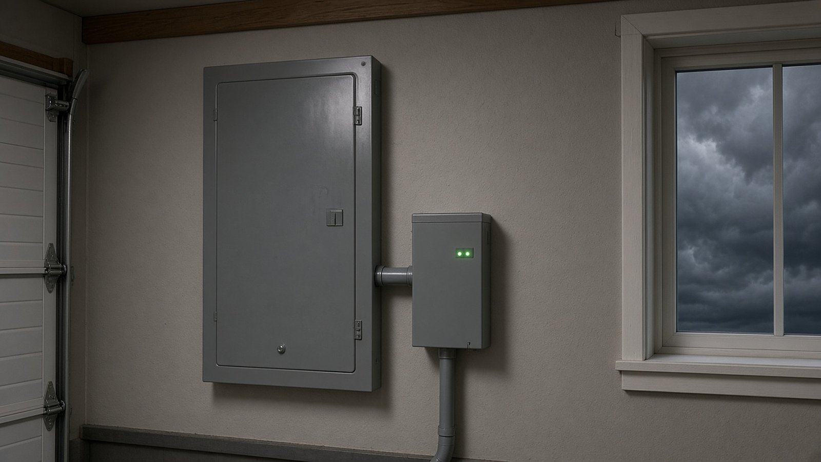 Closed residential breaker panel and surge protector on a wall beside a window showing dark storm clouds