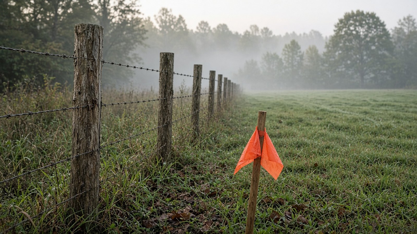 Wooden fence posts and barbed wire along a misty pasture edge, with an orange-flagged survey stake in the grass