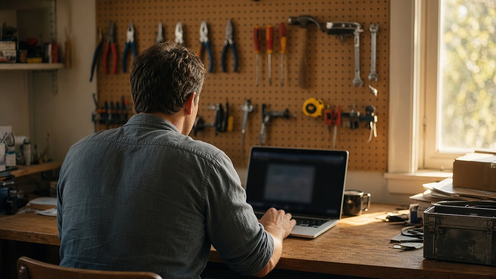 Shop owner seen from behind working at a laptop in a small office, a pegboard of hand tools on the wall ahead