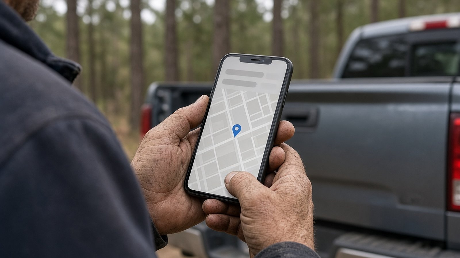 Over-the-shoulder view of a tradesman's hands holding a phone showing a map listing, with a gray pickup and pine trees blurred behind
