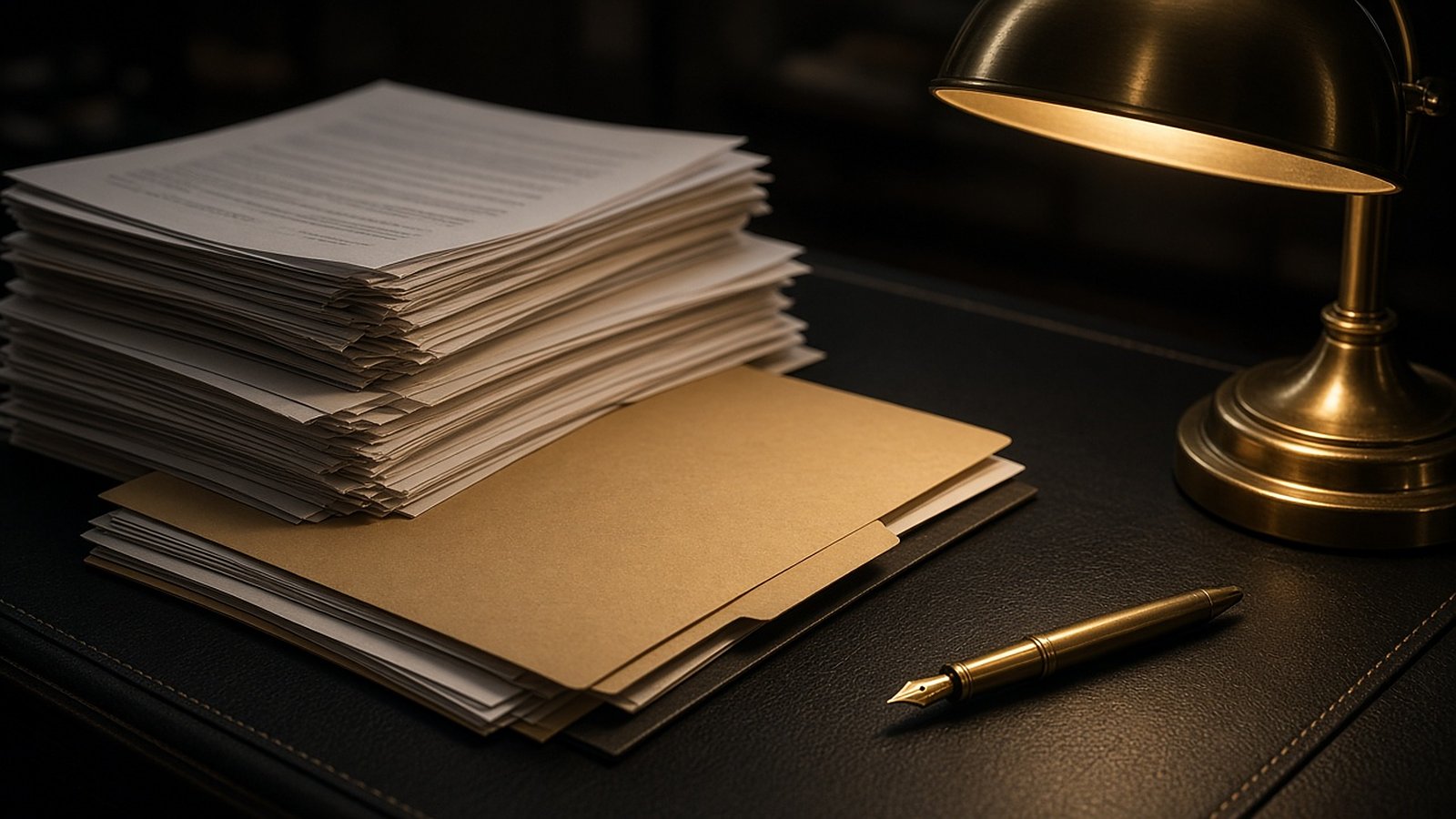 Stacks of papers and manila folders on a dark desk under a brass lamp, with a pen resting beside them