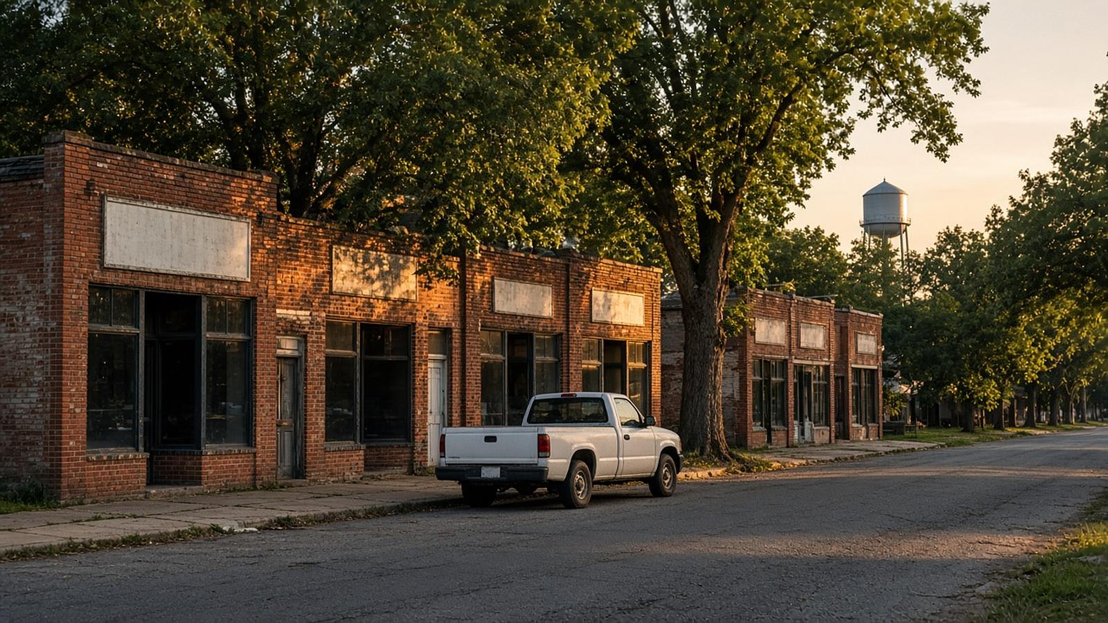 Row of weathered brick storefronts on a small-town street at golden hour, with a white pickup truck parked out front and a water tower beyond the trees