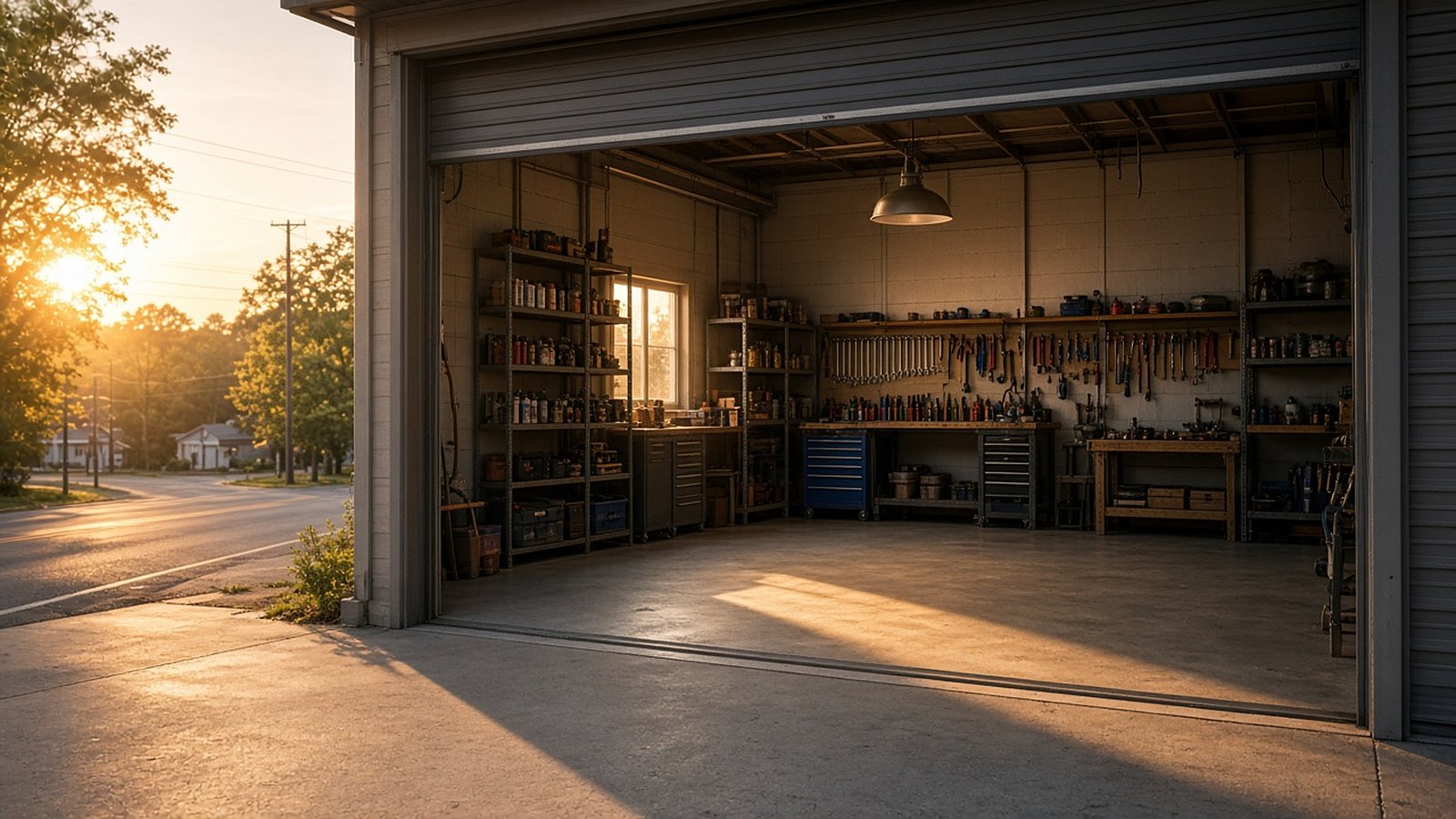 Open roll-up door of a tidy trades shop at sunrise, light falling across a swept concrete floor and tool shelves
