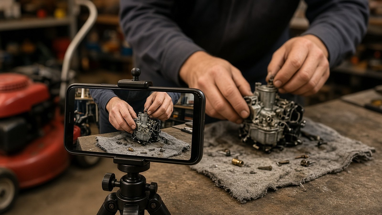 Hands working on a disassembled small-engine carburetor on a shop bench while a phone on a tripod films the repair, a red mower nearby