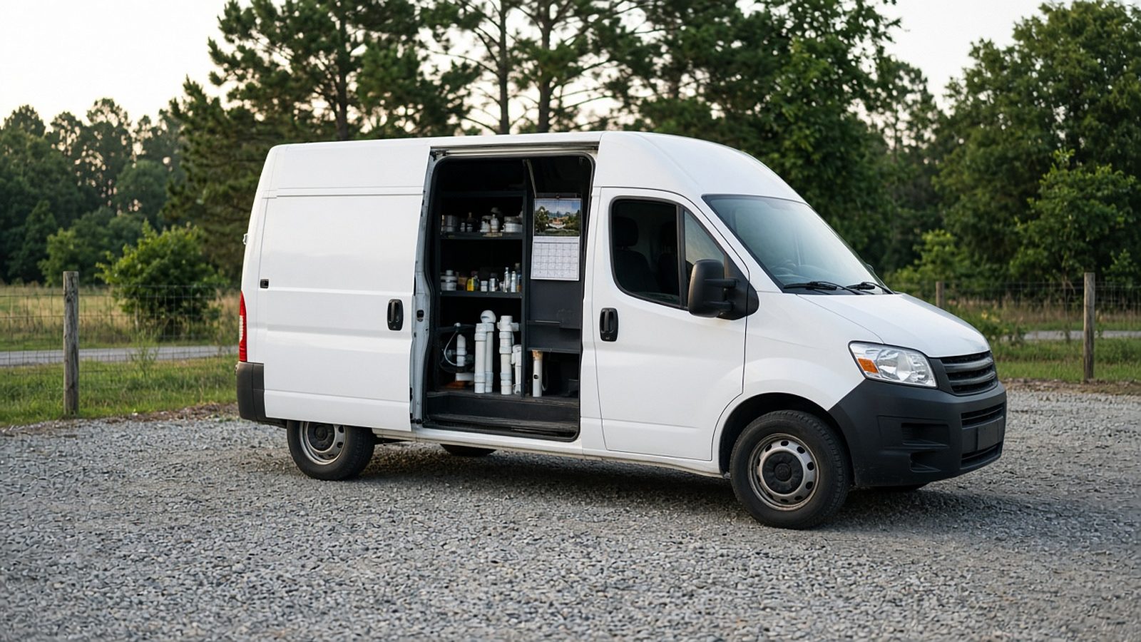 Unmarked white service van parked on a gravel lot with its side door open, showing shelved supplies inside
