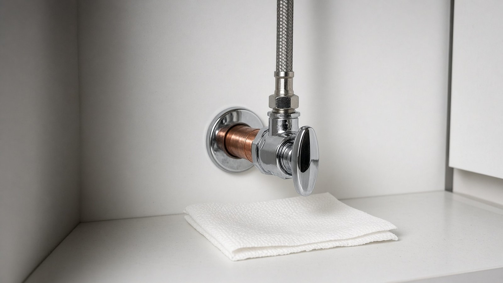 Chrome shut-off valve and copper fitting under a sink, with a folded white towel placed below to check for leaks