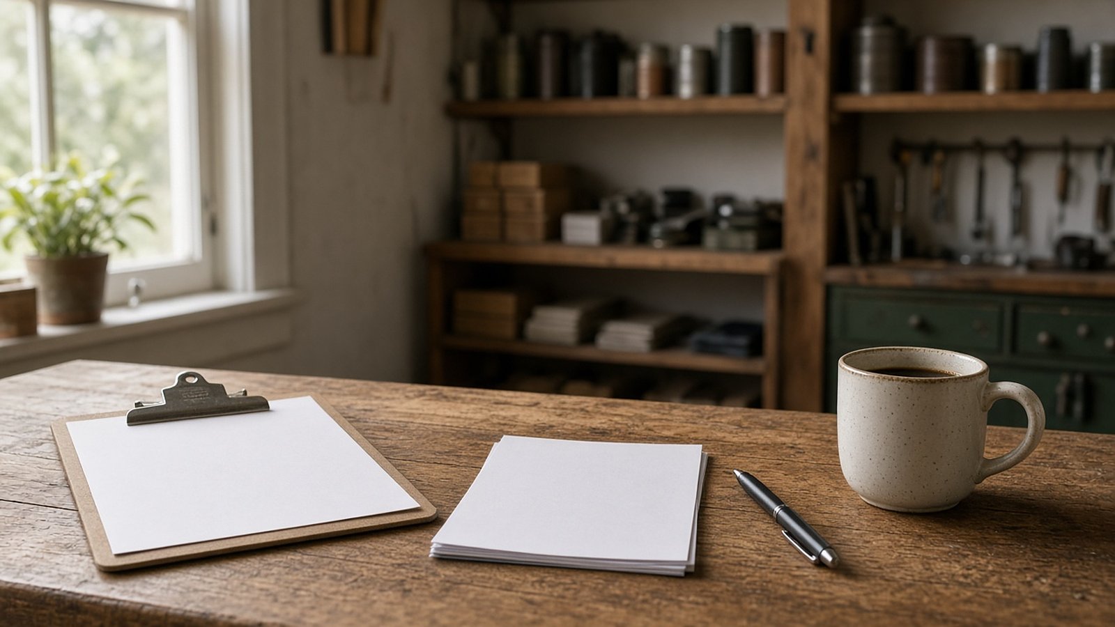 Wooden shop counter with a clipboard, notepad, pen and coffee mug by a sunny window, shelves of supplies behind