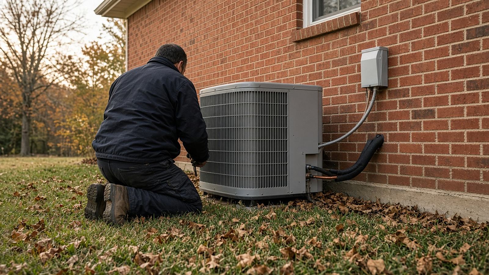 HVAC technician kneeling beside an outdoor condenser unit next to a brick house, fall leaves covering the lawn