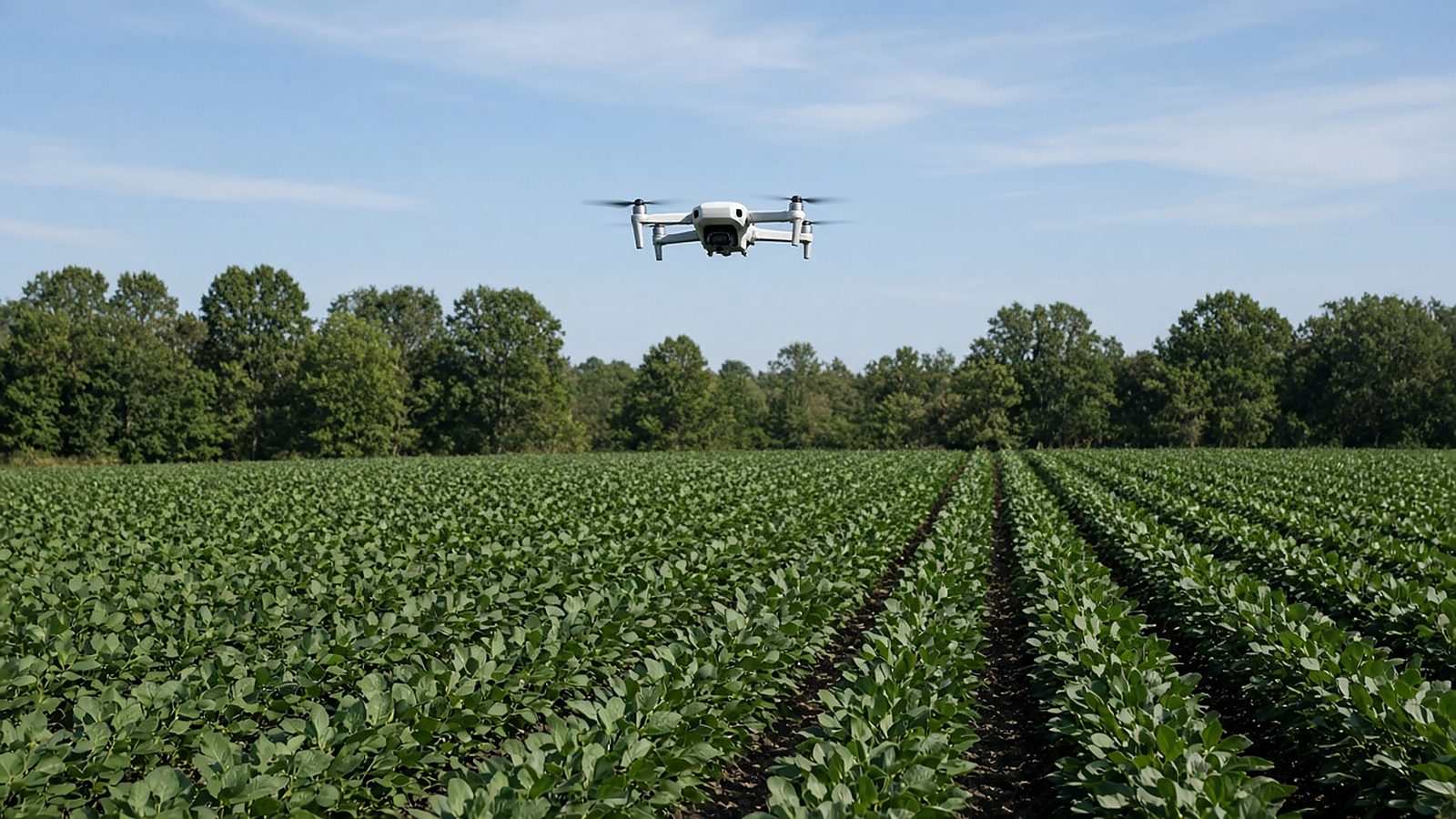 Small quadcopter flying over the edge of a soybean field
