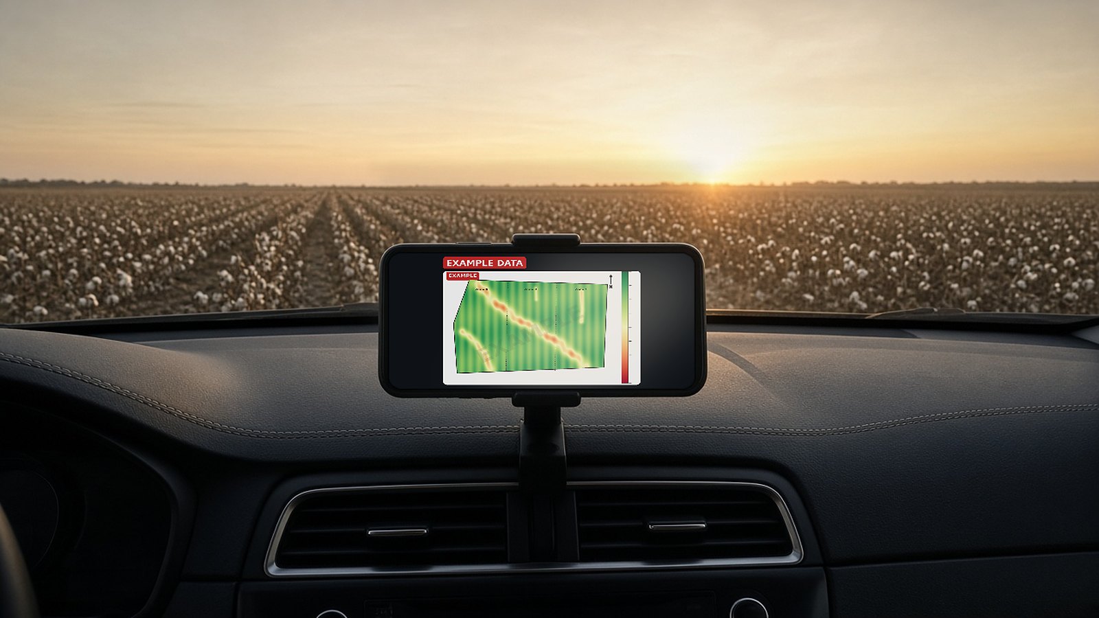 Phone in a dash mount showing an EXAMPLE crop stress map, defoliated cotton rows at sunset