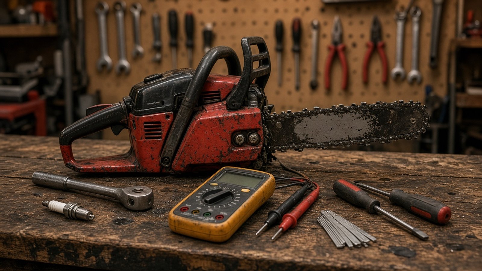 A worn red chainsaw on a wooden workbench with a multimeter, spark plug, spark plug socket, feeler gauges and screwdrivers, in front of a pegboard of hand tools