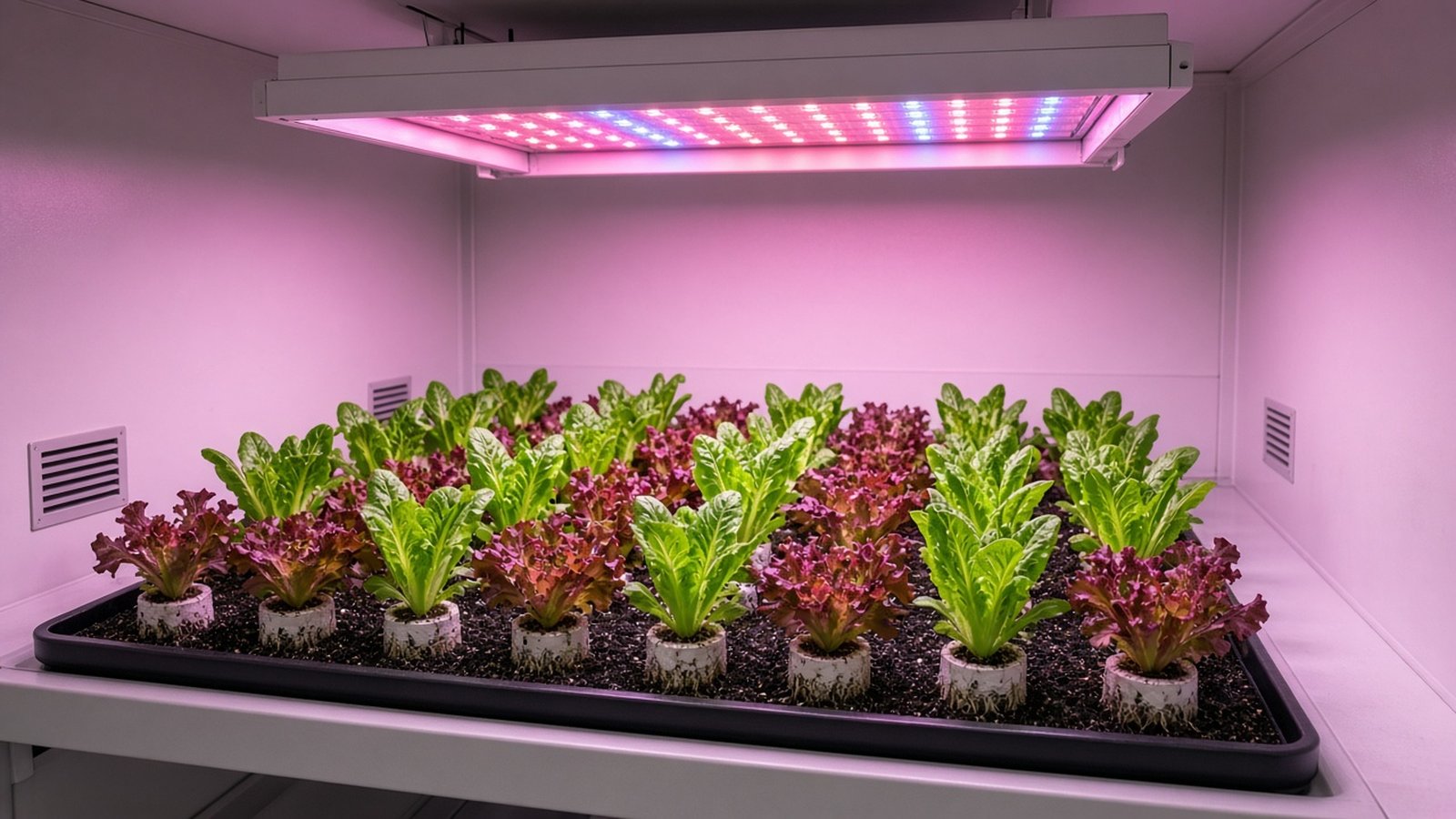 Rows of red and green romaine lettuce growing in a tray under a pink-purple LED light panel inside a small white growth chamber